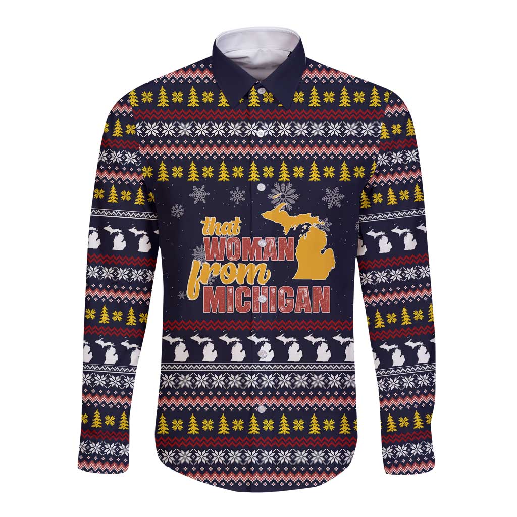 That Woman From Michigan Christmas Long Sleeve Button Shirt Xmas Holiday Patterns - Wonder Print Shop