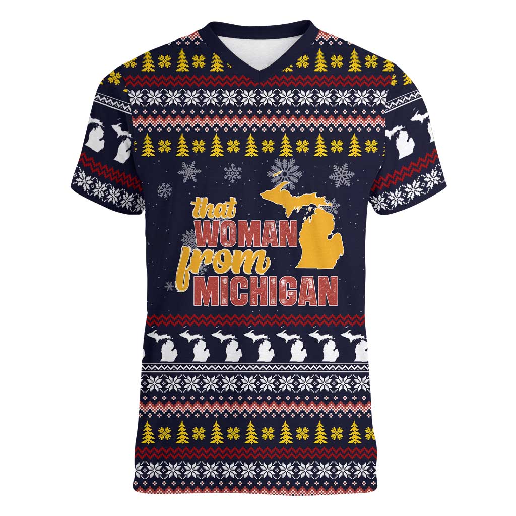 That Woman From Michigan Christmas Women V-Neck T-Shirt Xmas Holiday Patterns - Wonder Print Shop