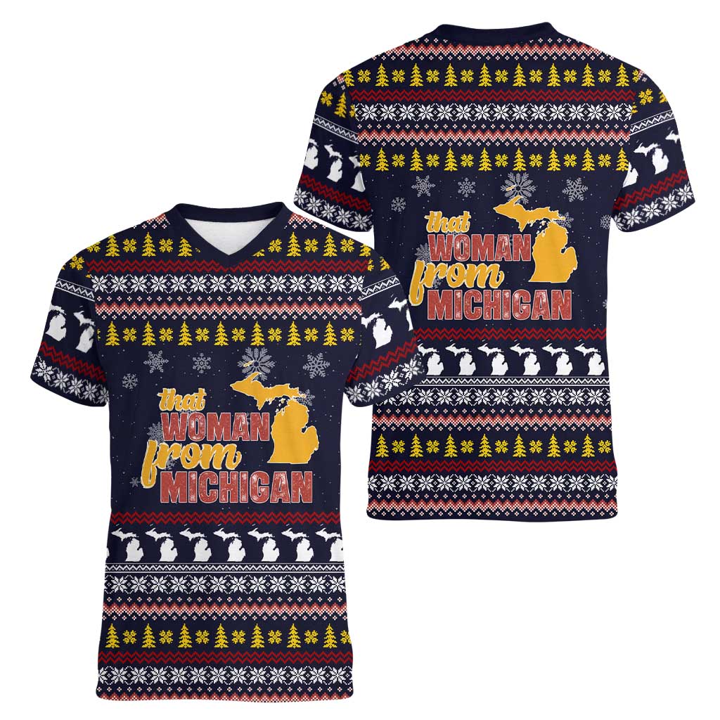 That Woman From Michigan Christmas Women V-Neck T-Shirt Xmas Holiday Patterns - Wonder Print Shop