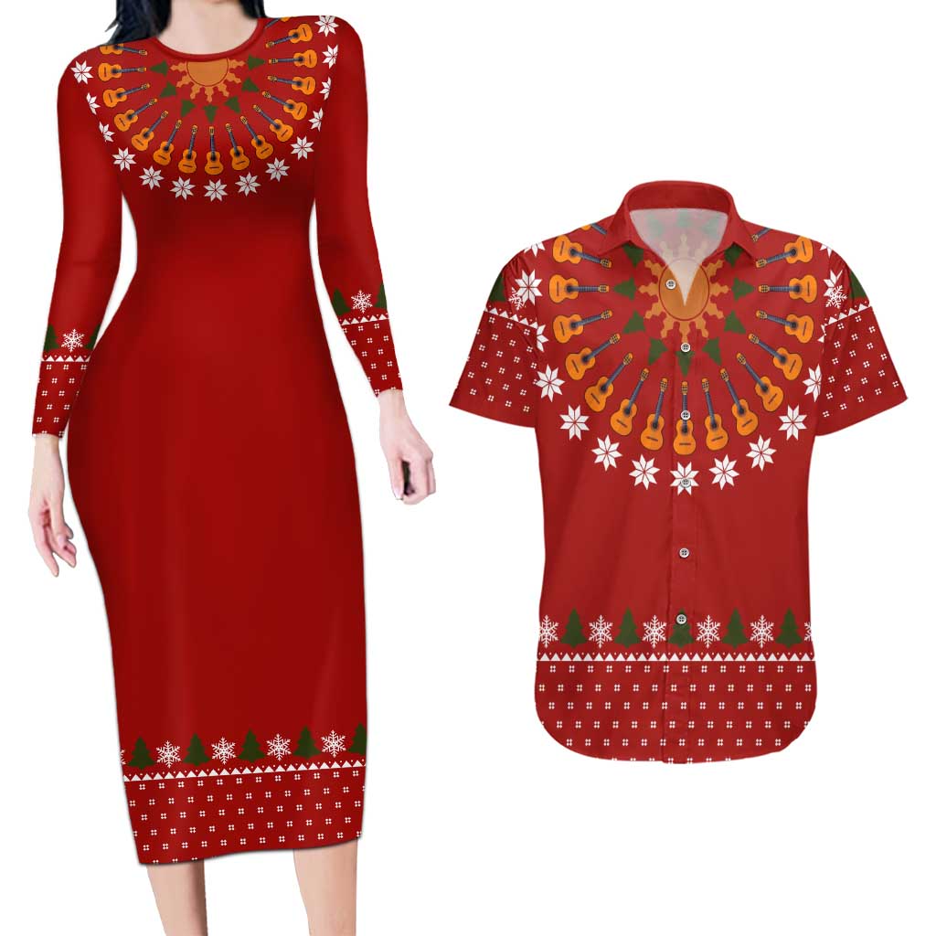 Guitar Lover Christmas Couples Matching Long Sleeve Bodycon Dress and Hawaiian Shirt Xmas Holiday Patterns - Wonder Print Shop