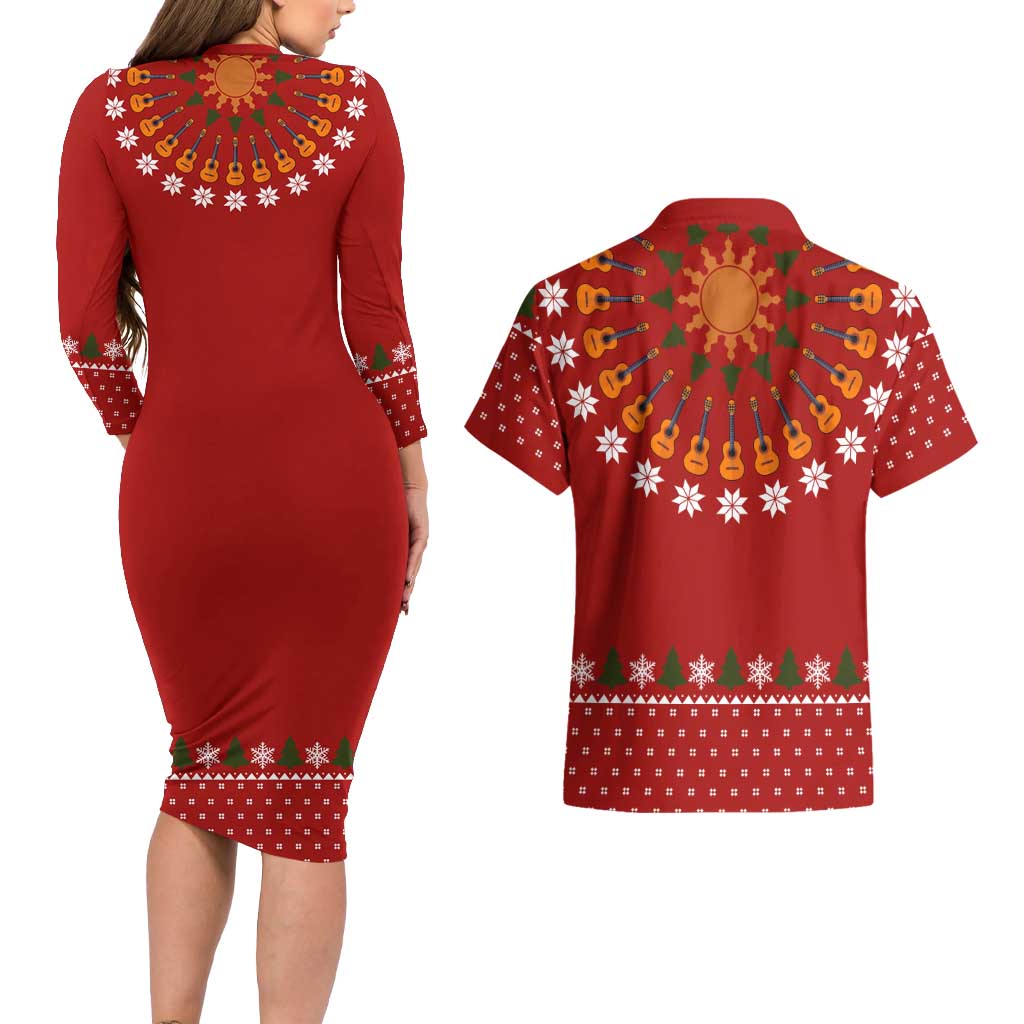 Guitar Lover Christmas Couples Matching Long Sleeve Bodycon Dress and Hawaiian Shirt Xmas Holiday Patterns - Wonder Print Shop