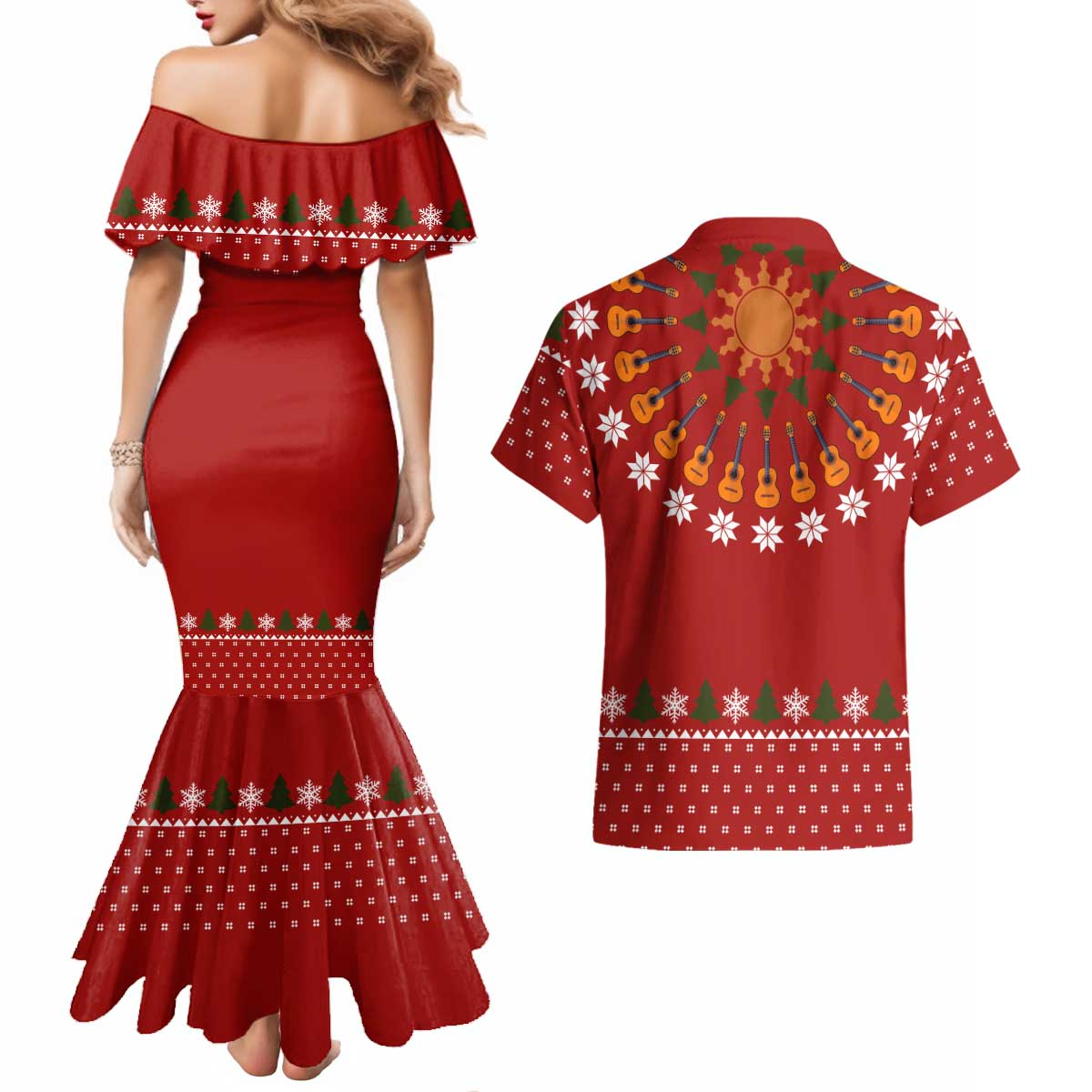 Guitar Lover Christmas Couples Matching Mermaid Dress and Hawaiian Shirt Xmas Holiday Patterns - Wonder Print Shop
