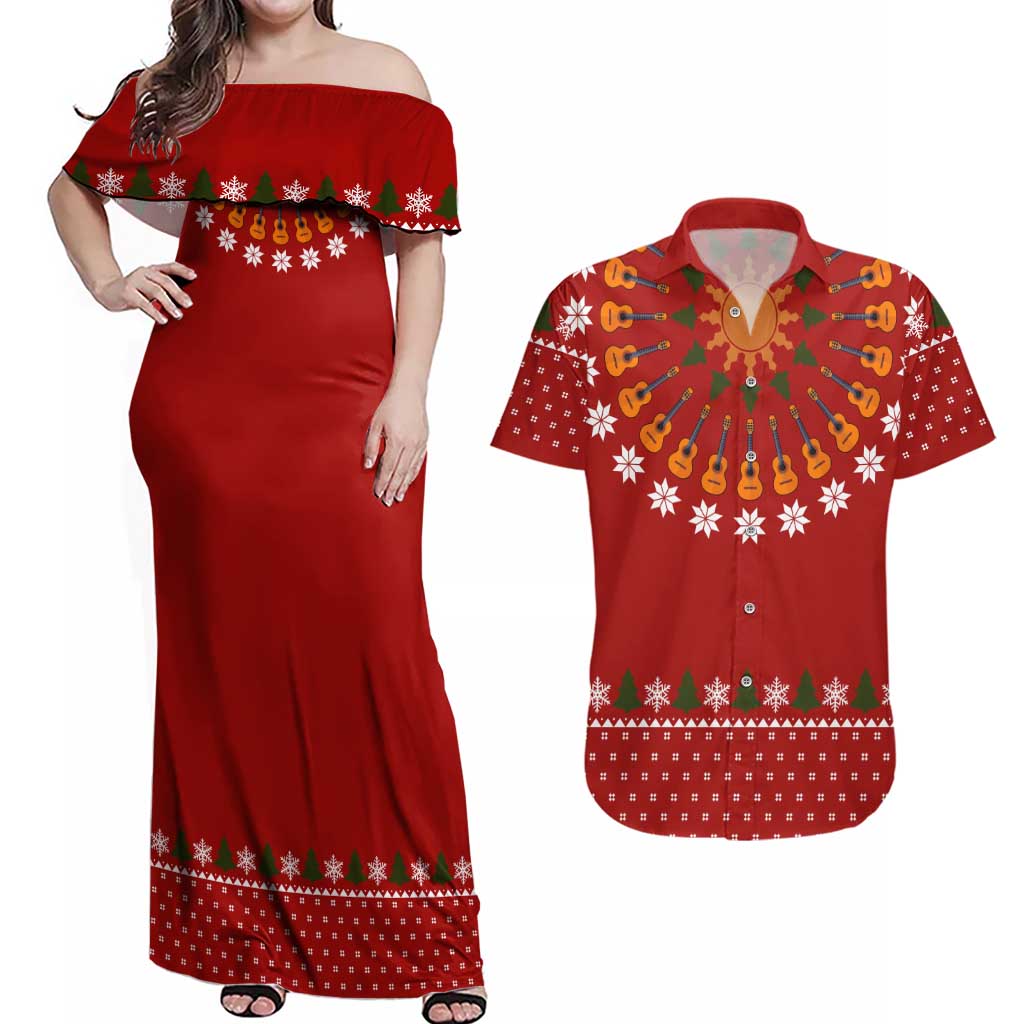Guitar Lover Christmas Couples Matching Off Shoulder Maxi Dress and Hawaiian Shirt Xmas Holiday Patterns - Wonder Print Shop