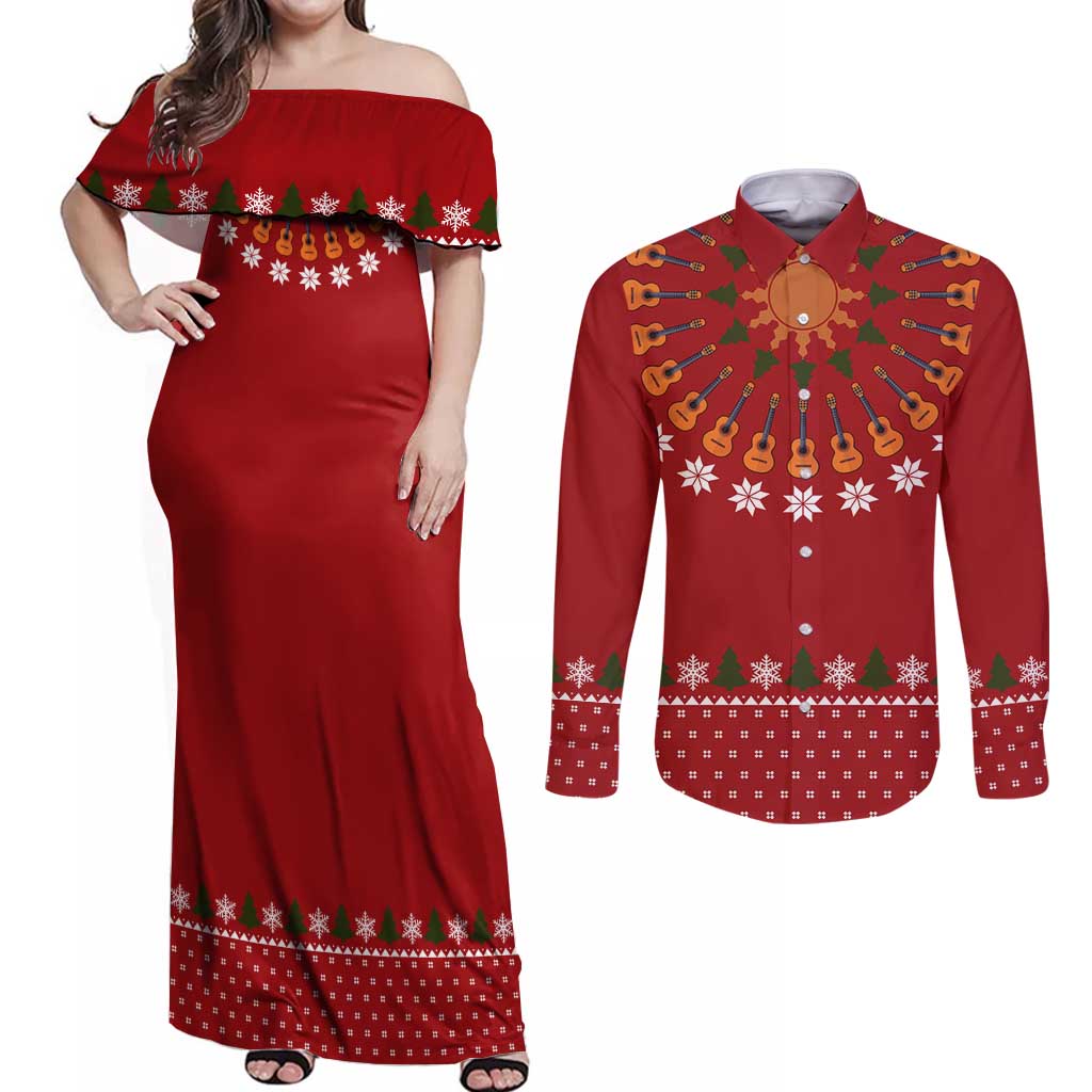 Guitar Lover Christmas Couples Matching Off Shoulder Maxi Dress and Long Sleeve Button Shirt Xmas Holiday Patterns - Wonder Print Shop