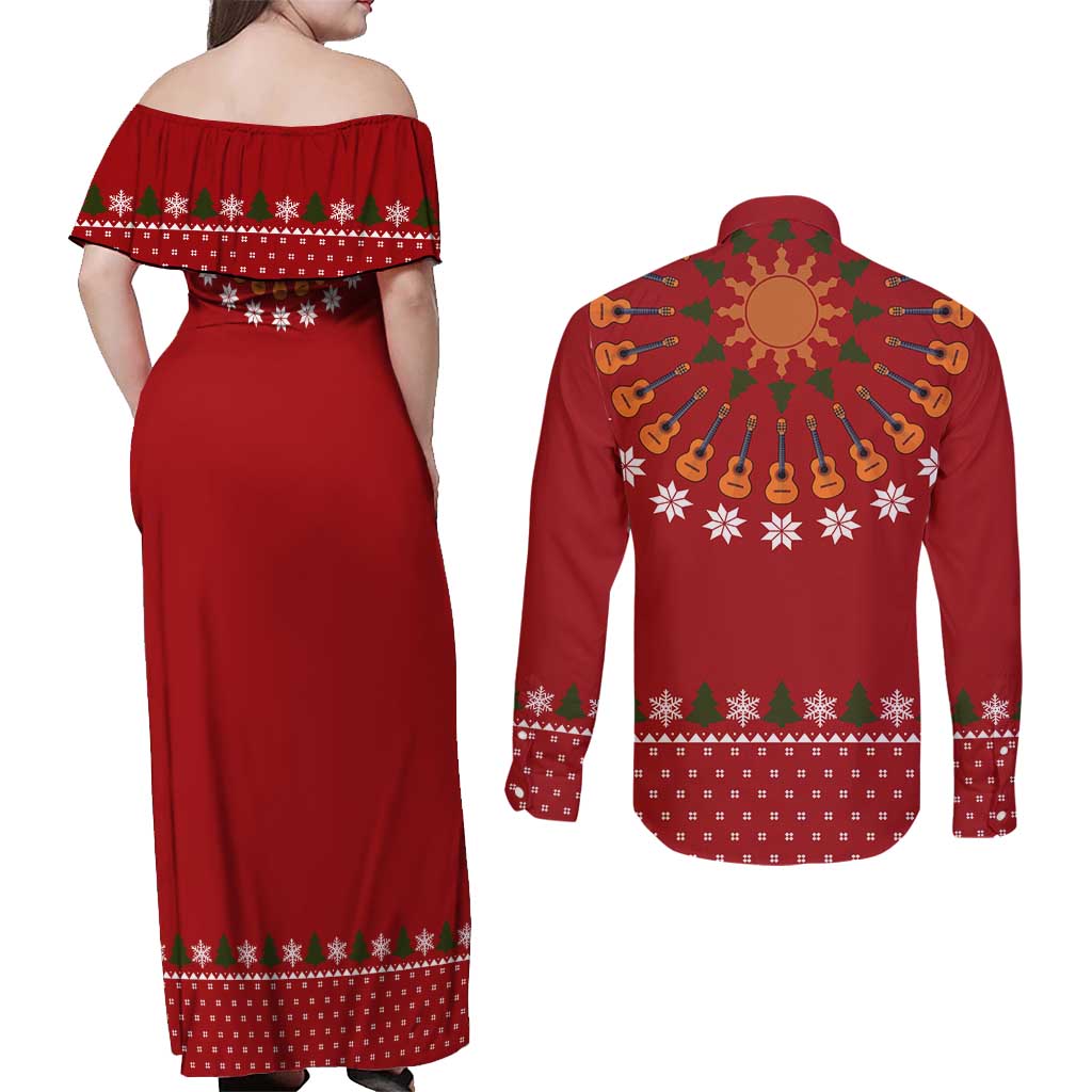 Guitar Lover Christmas Couples Matching Off Shoulder Maxi Dress and Long Sleeve Button Shirt Xmas Holiday Patterns - Wonder Print Shop