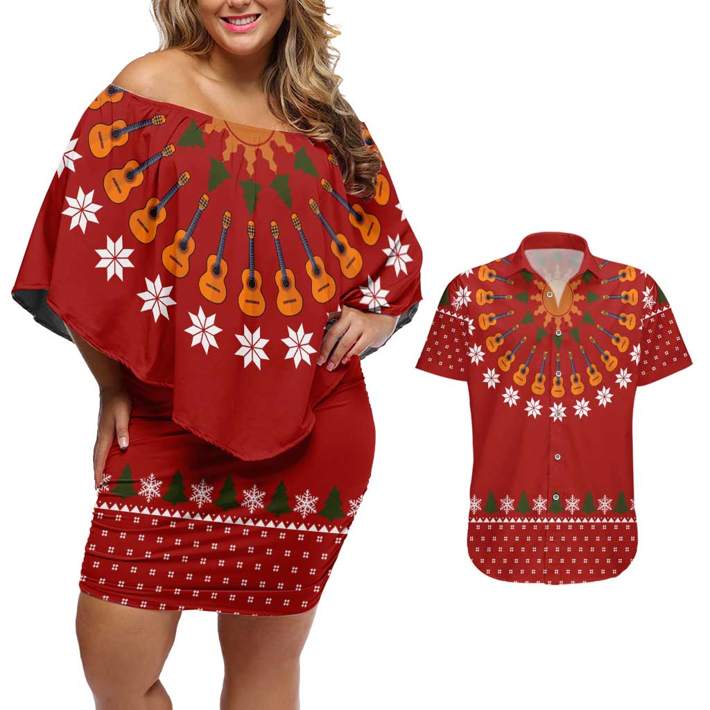 Guitar Lover Christmas Couples Matching Off Shoulder Short Dress and Hawaiian Shirt Xmas Holiday Patterns - Wonder Print Shop