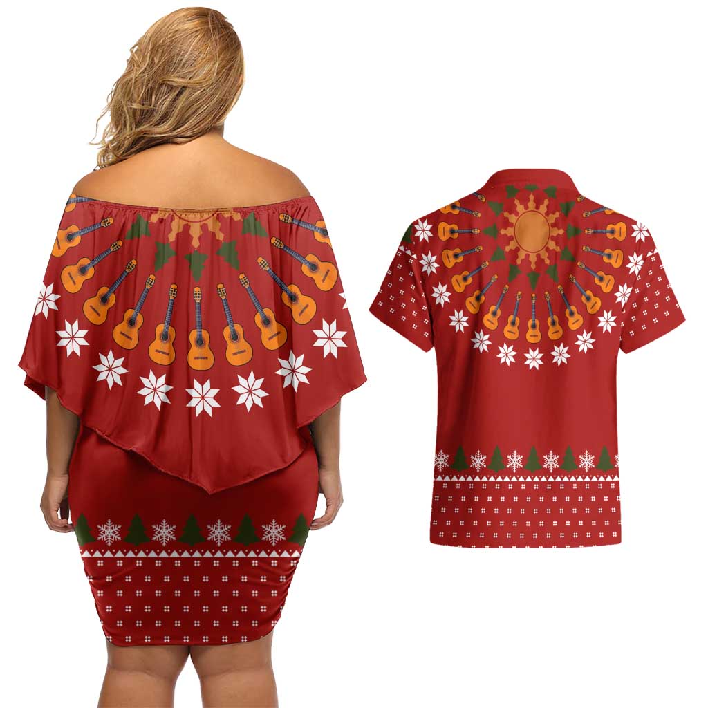 Guitar Lover Christmas Couples Matching Off Shoulder Short Dress and Hawaiian Shirt Xmas Holiday Patterns - Wonder Print Shop