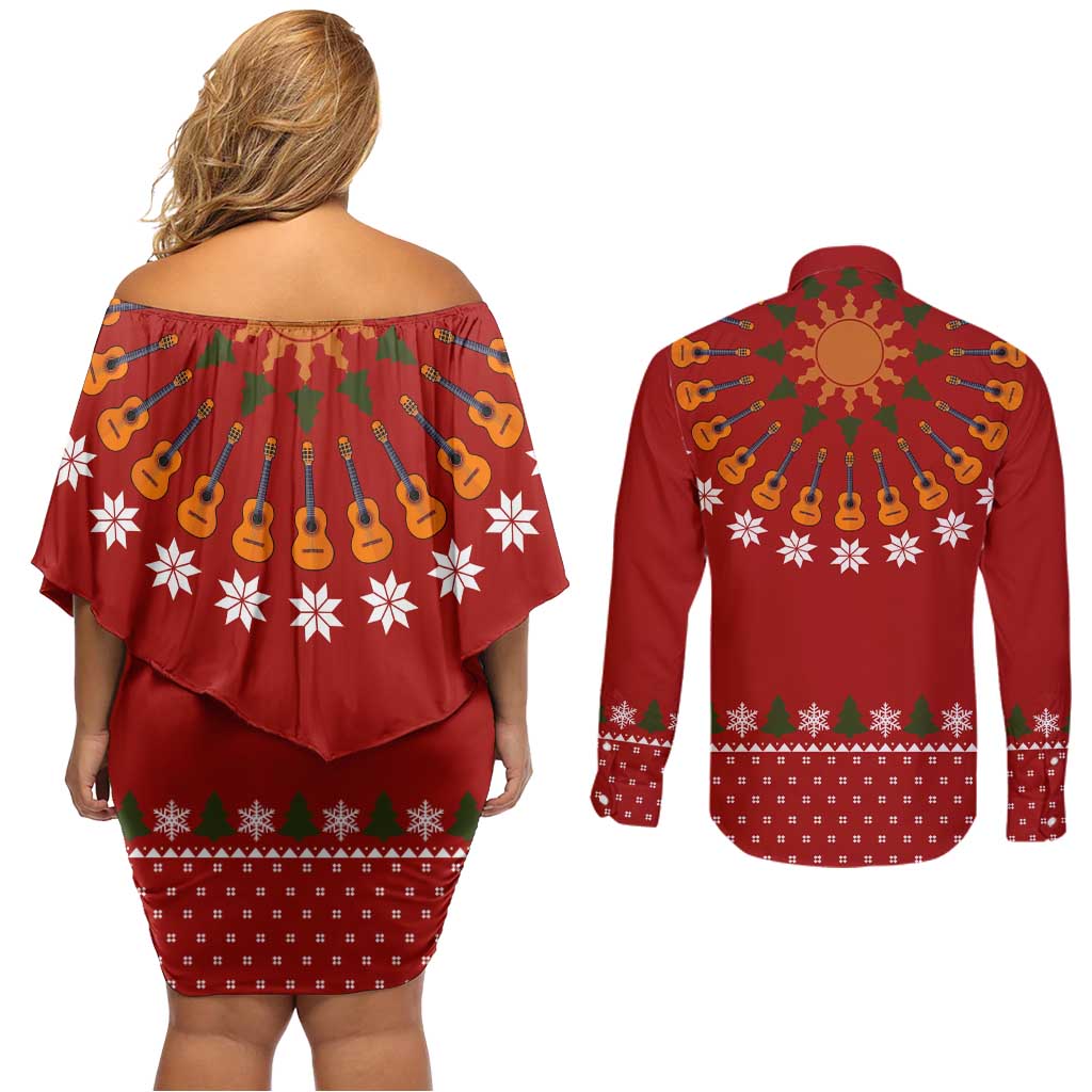 Guitar Lover Christmas Couples Matching Off Shoulder Short Dress and Long Sleeve Button Shirt Xmas Holiday Patterns - Wonder Print Shop