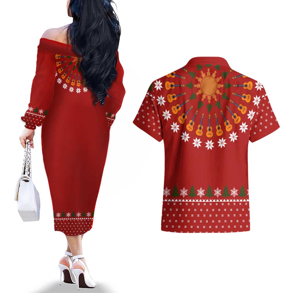 Guitar Lover Christmas Couples Matching Off The Shoulder Long Sleeve Dress and Hawaiian Shirt Xmas Holiday Patterns - Wonder Print Shop