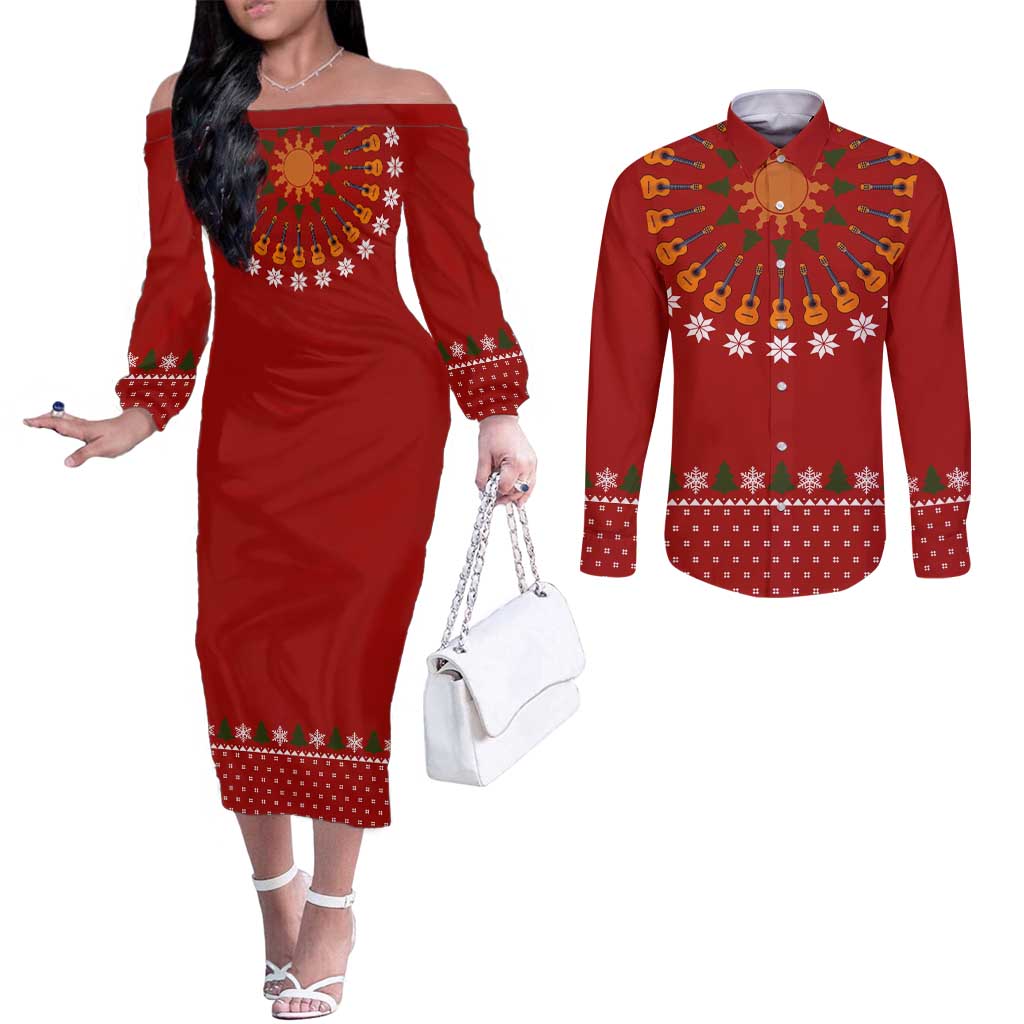 Guitar Lover Christmas Couples Matching Off The Shoulder Long Sleeve Dress and Long Sleeve Button Shirt Xmas Holiday Patterns - Wonder Print Shop
