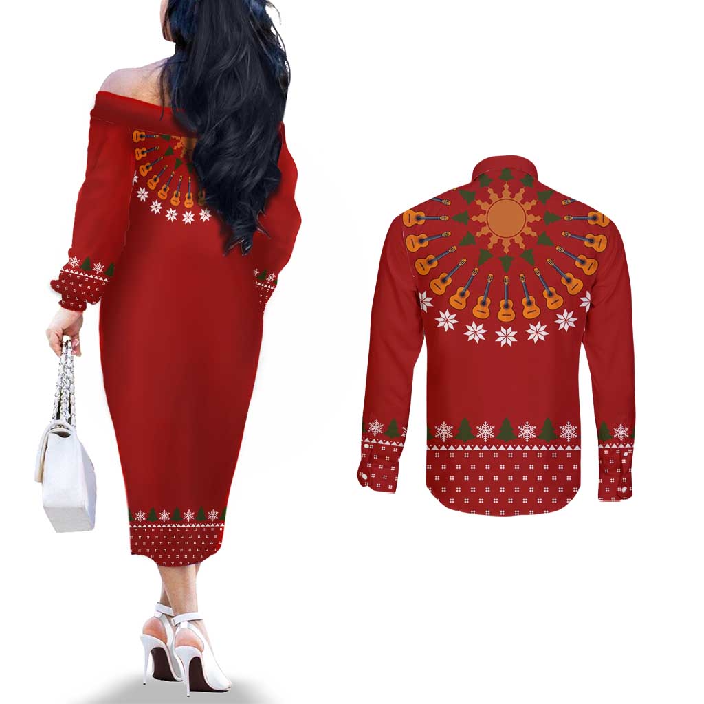 Guitar Lover Christmas Couples Matching Off The Shoulder Long Sleeve Dress and Long Sleeve Button Shirt Xmas Holiday Patterns - Wonder Print Shop