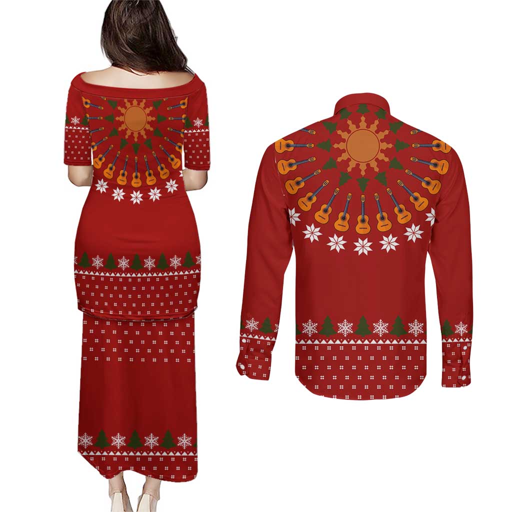Guitar Lover Christmas Couples Matching Puletasi and Long Sleeve Button Shirt Xmas Holiday Patterns - Wonder Print Shop