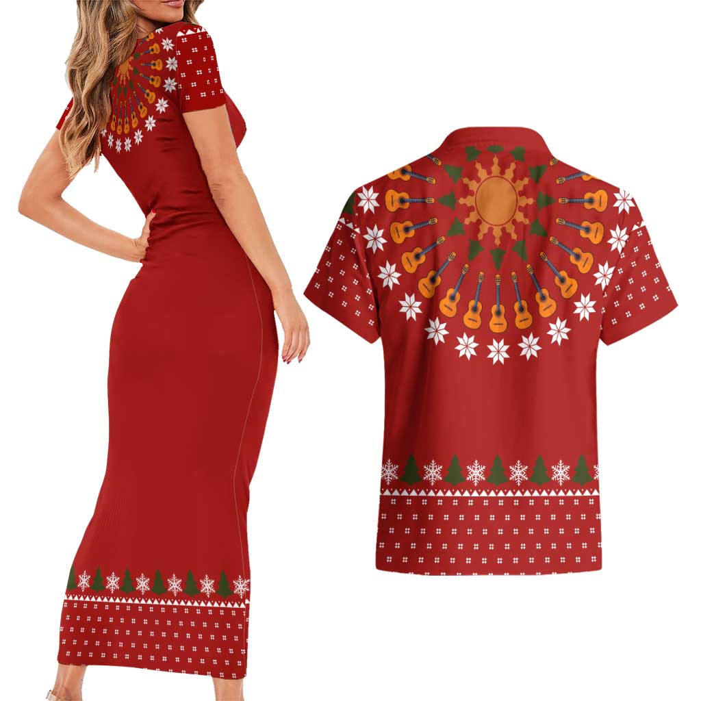 Guitar Lover Christmas Couples Matching Short Sleeve Bodycon Dress and Hawaiian Shirt Xmas Holiday Patterns - Wonder Print Shop
