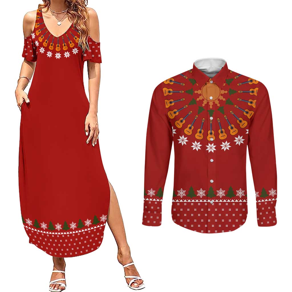 Guitar Lover Christmas Couples Matching Summer Maxi Dress and Long Sleeve Button Shirt Xmas Holiday Patterns - Wonder Print Shop