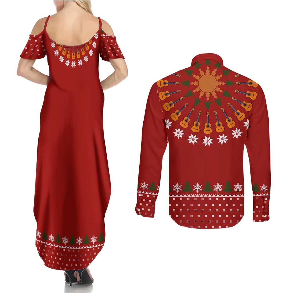 Guitar Lover Christmas Couples Matching Summer Maxi Dress and Long Sleeve Button Shirt Xmas Holiday Patterns - Wonder Print Shop