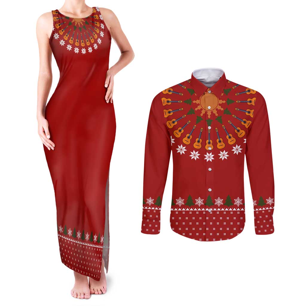 Guitar Lover Christmas Couples Matching Tank Maxi Dress and Long Sleeve Button Shirt Xmas Holiday Patterns - Wonder Print Shop