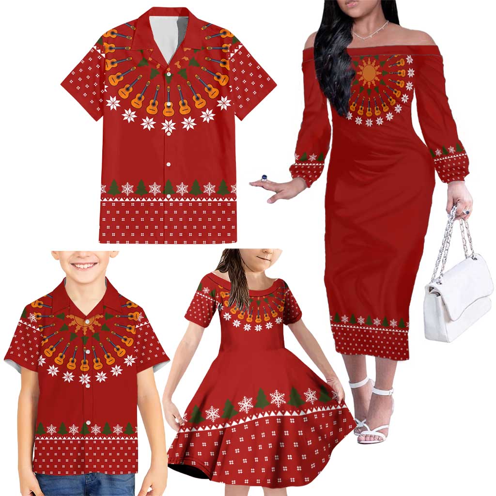 Guitar Lover Christmas Family Matching Off The Shoulder Long Sleeve Dress and Hawaiian Shirt Xmas Holiday Patterns - Wonder Print Shop