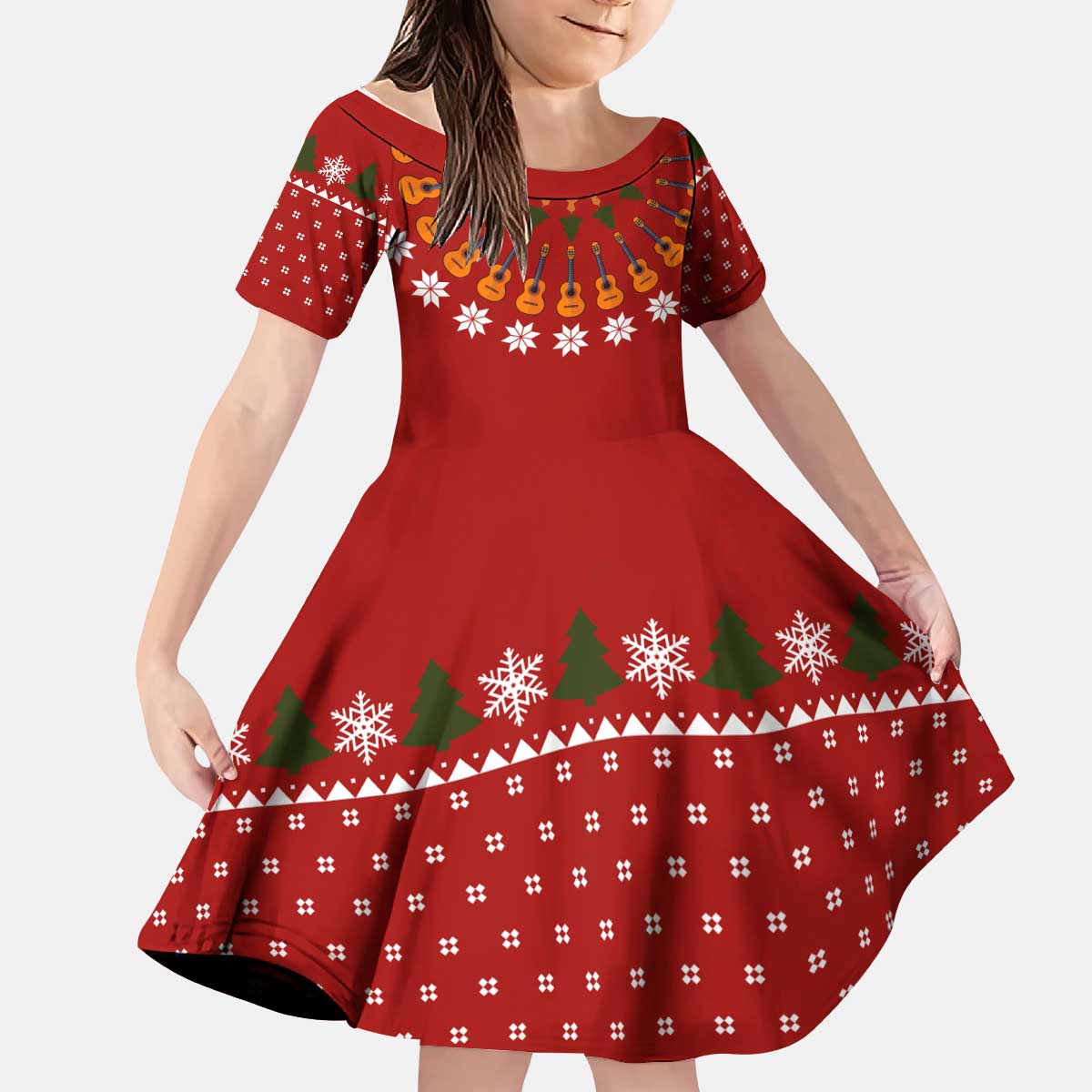 Guitar Lover Christmas Kid Short Sleeve Dress Xmas Holiday Patterns - Wonder Print Shop
