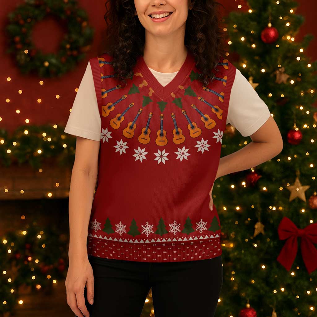 Guitar Lover Christmas Knitted V-Neck Vest Xmas Holiday Patterns - Wonder Print Shop