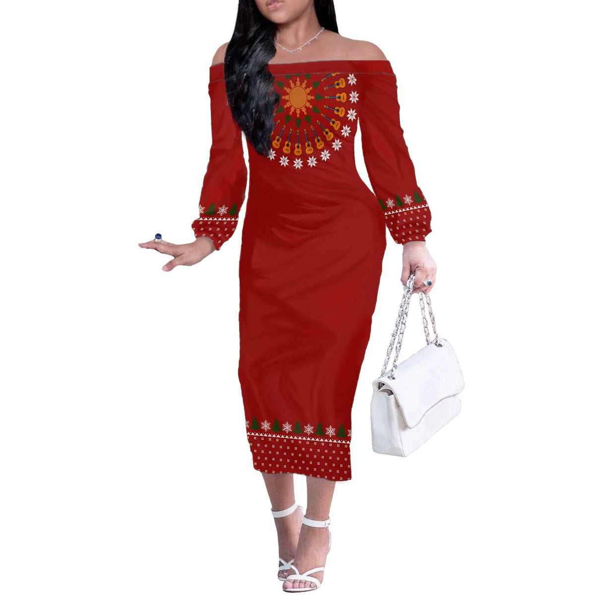 Guitar Lover Christmas Off The Shoulder Long Sleeve Dress Xmas Holiday Patterns - Wonder Print Shop