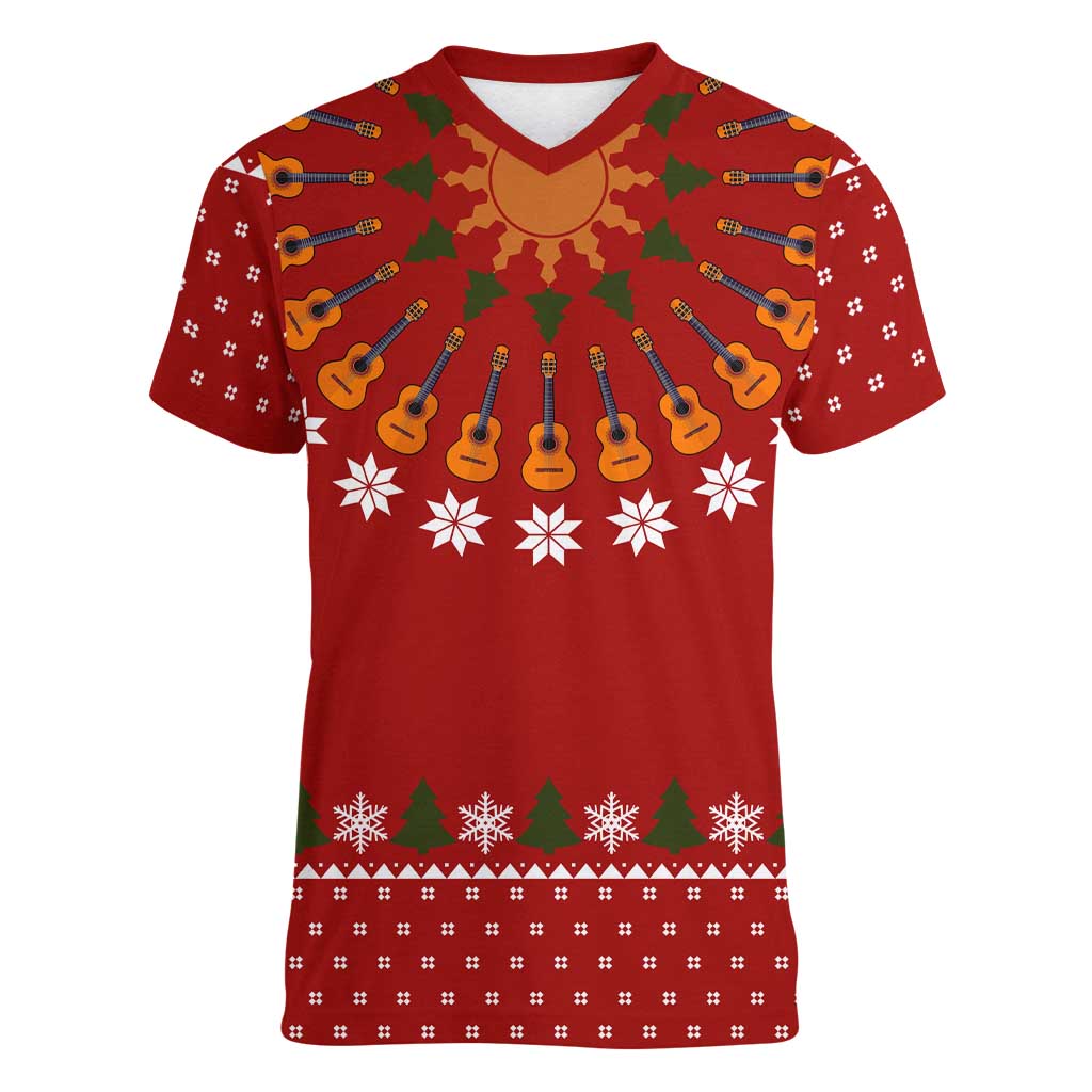Guitar Lover Christmas Women V-Neck T-Shirt Xmas Holiday Patterns - Wonder Print Shop