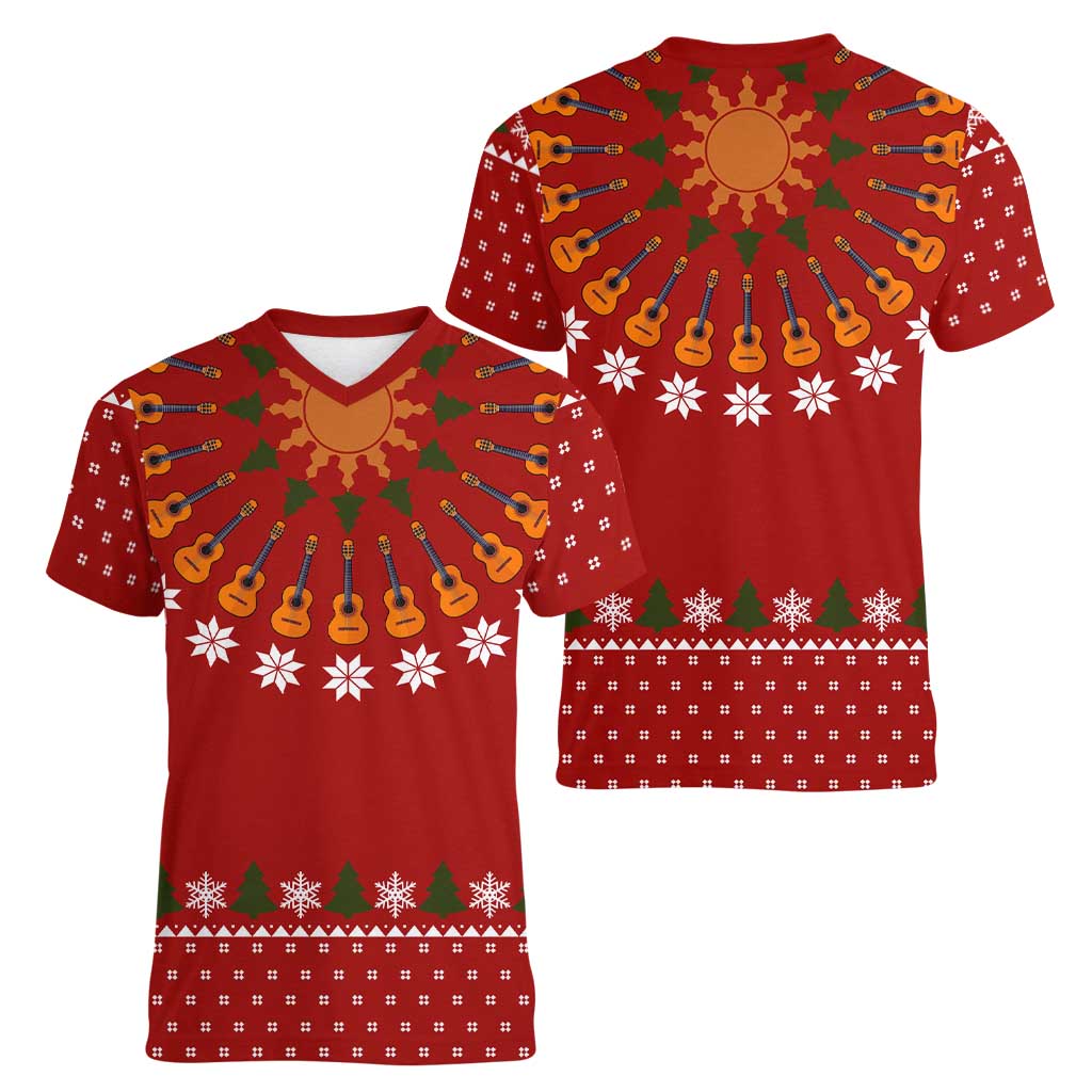 Guitar Lover Christmas Women V-Neck T-Shirt Xmas Holiday Patterns - Wonder Print Shop