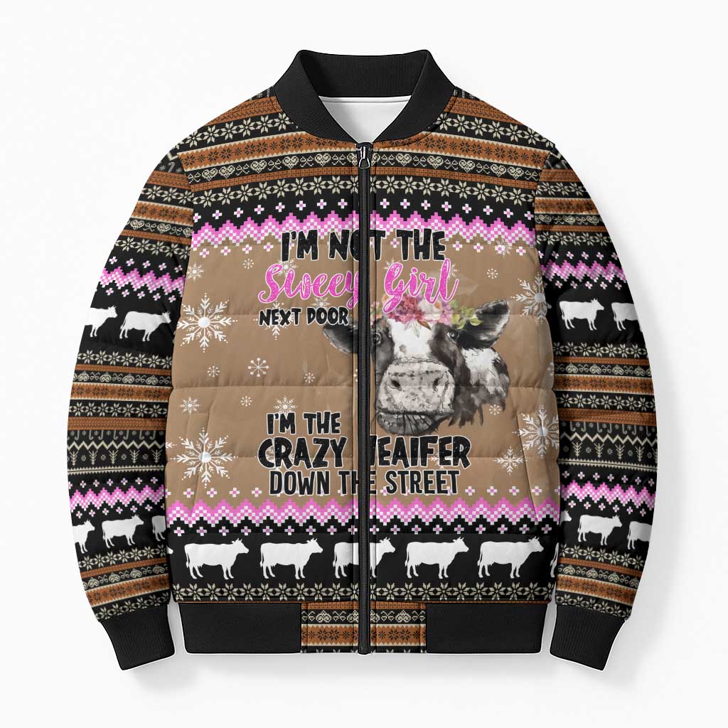 The Crazy Heifer Christmas Bomber Puffer Jacket Xmas Holiday Patterns - Wonder Print Shop