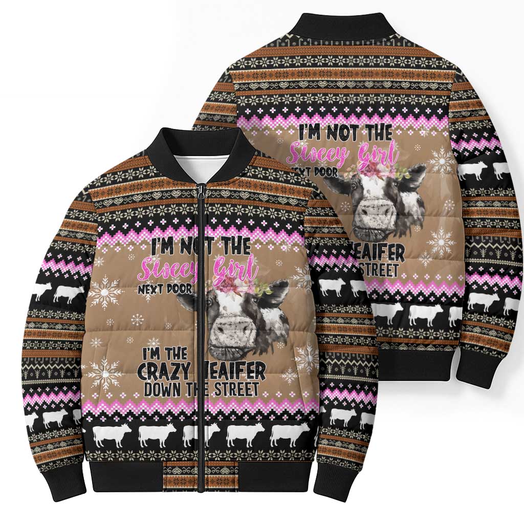 The Crazy Heifer Christmas Bomber Puffer Jacket Xmas Holiday Patterns - Wonder Print Shop