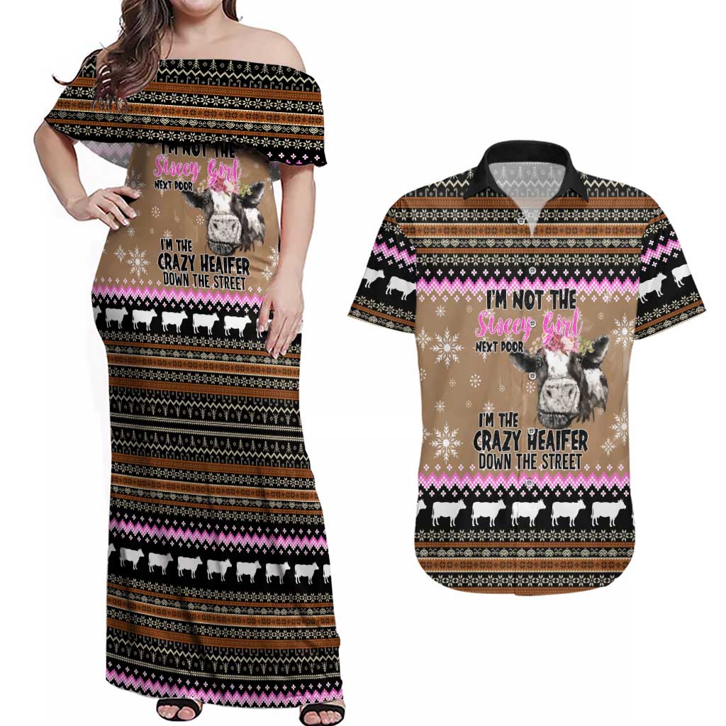 The Crazy Heifer Christmas Couples Matching Off Shoulder Maxi Dress and Hawaiian Shirt Xmas Holiday Patterns - Wonder Print Shop