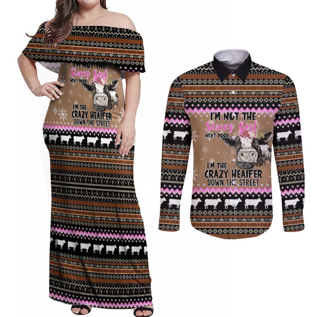 The Crazy Heifer Christmas Couples Matching Off Shoulder Maxi Dress and Long Sleeve Button Shirt Xmas Holiday Patterns - Wonder Print Shop