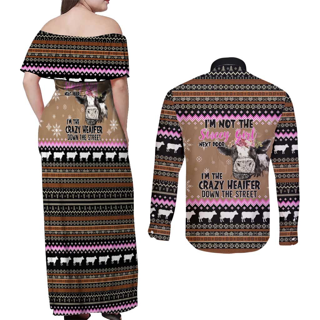 The Crazy Heifer Christmas Couples Matching Off Shoulder Maxi Dress and Long Sleeve Button Shirt Xmas Holiday Patterns - Wonder Print Shop