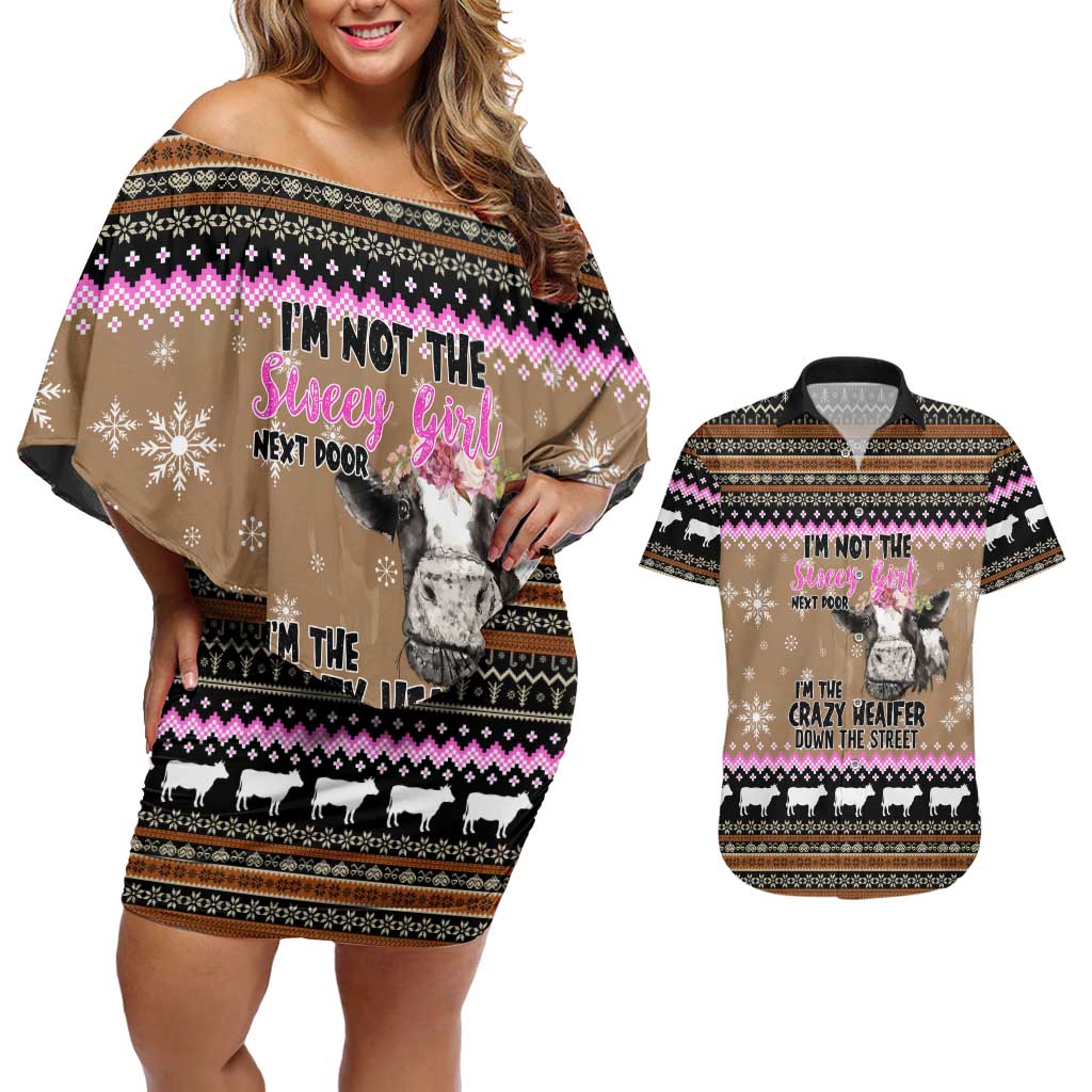 The Crazy Heifer Christmas Couples Matching Off Shoulder Short Dress and Hawaiian Shirt Xmas Holiday Patterns - Wonder Print Shop