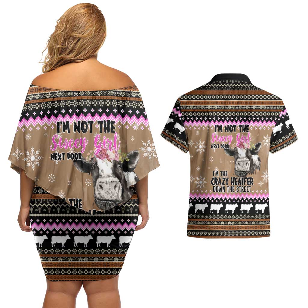 The Crazy Heifer Christmas Couples Matching Off Shoulder Short Dress and Hawaiian Shirt Xmas Holiday Patterns - Wonder Print Shop