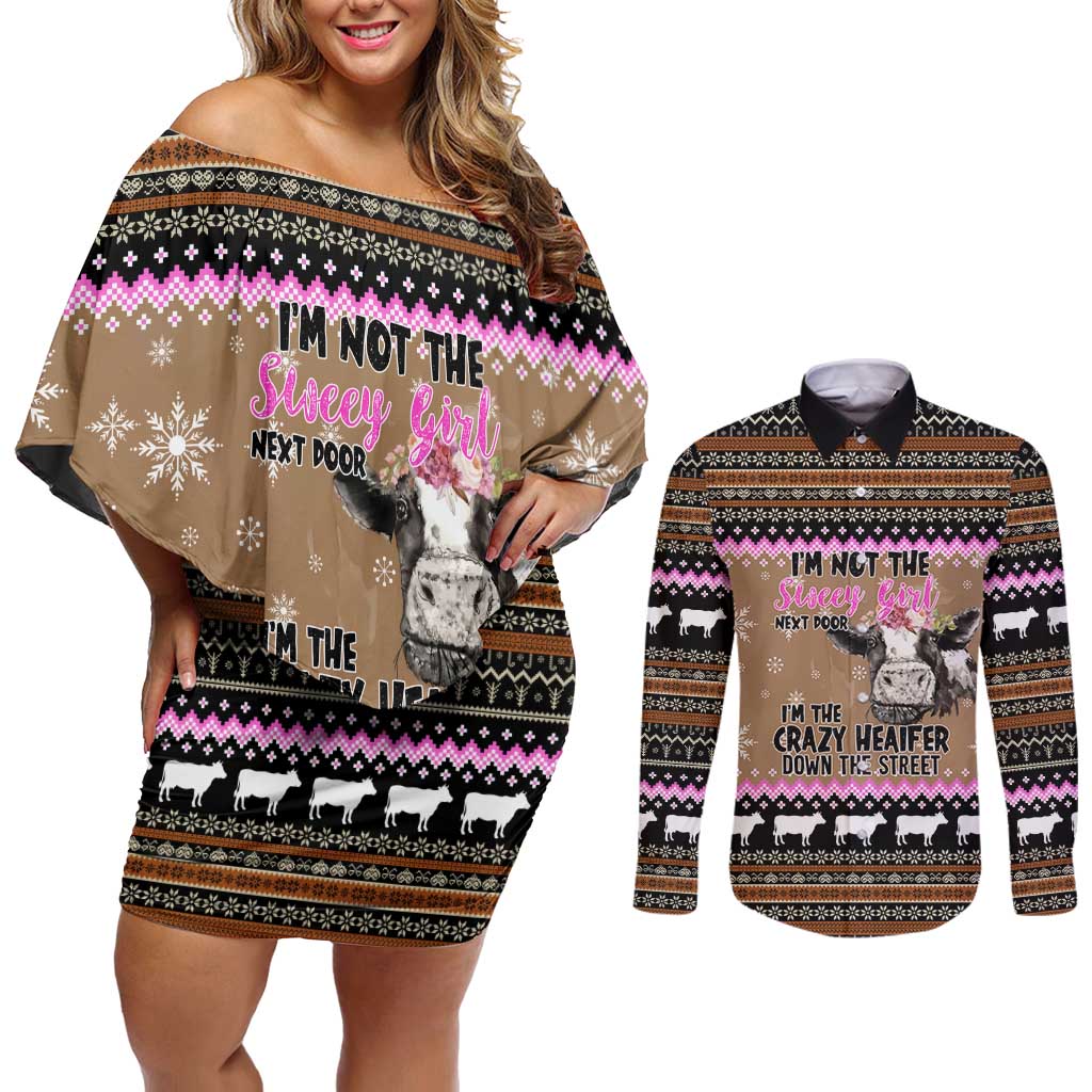 The Crazy Heifer Christmas Couples Matching Off Shoulder Short Dress and Long Sleeve Button Shirt Xmas Holiday Patterns - Wonder Print Shop