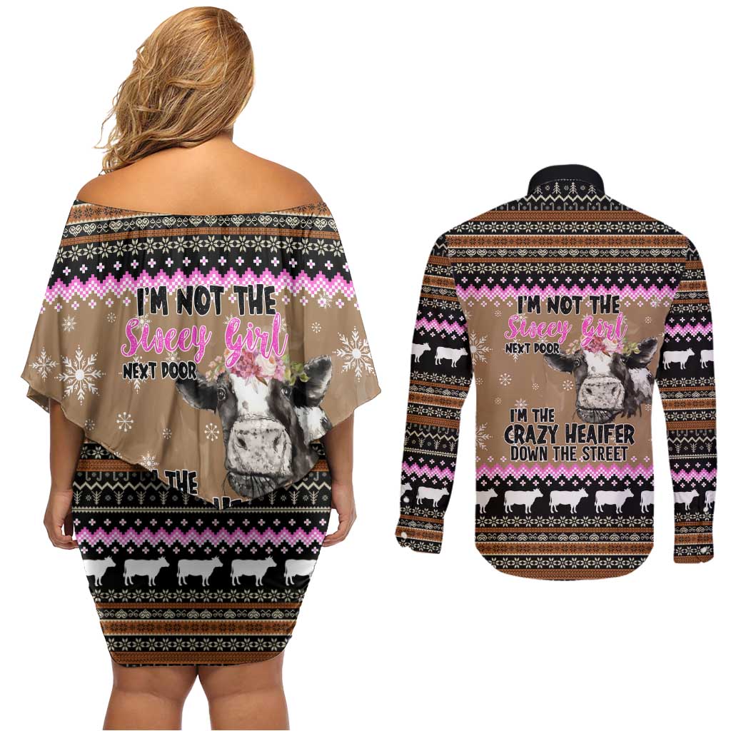 The Crazy Heifer Christmas Couples Matching Off Shoulder Short Dress and Long Sleeve Button Shirt Xmas Holiday Patterns - Wonder Print Shop