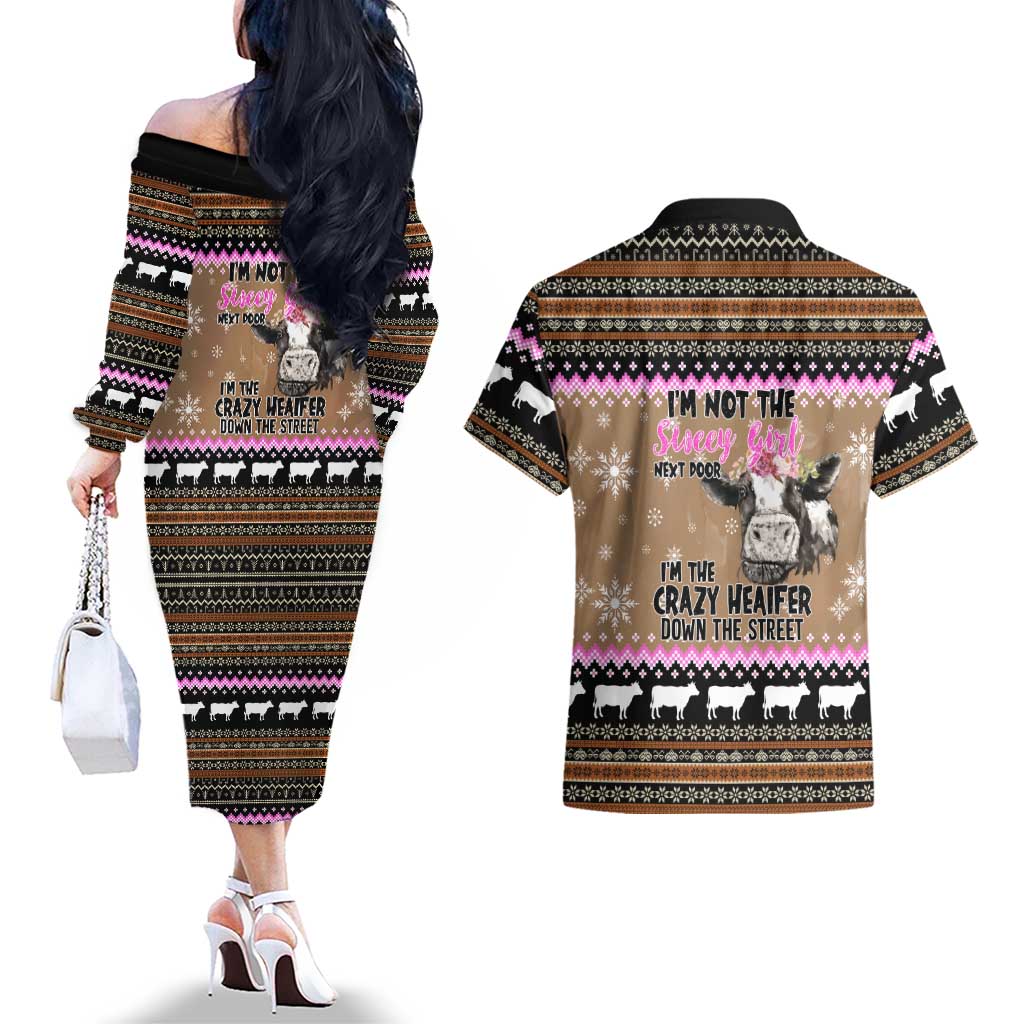The Crazy Heifer Christmas Couples Matching Off The Shoulder Long Sleeve Dress and Hawaiian Shirt Xmas Holiday Patterns - Wonder Print Shop