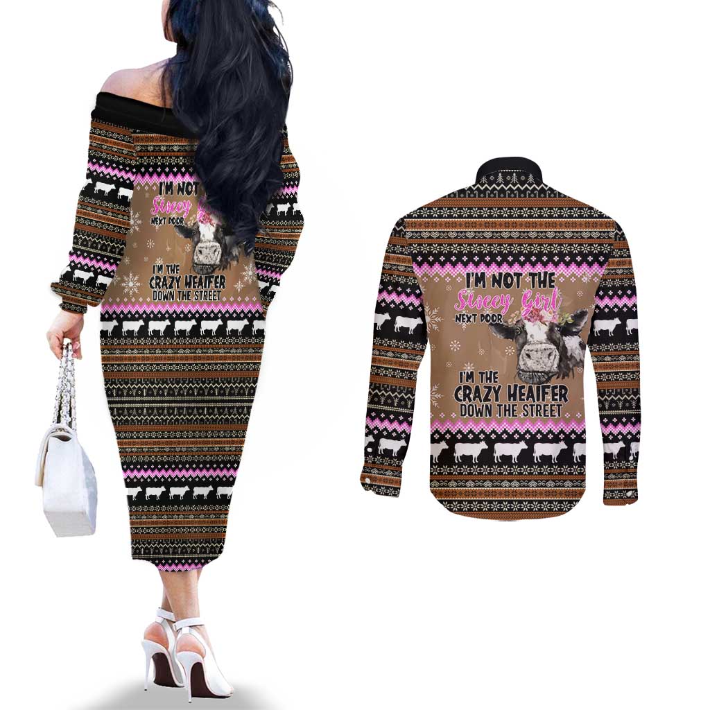 The Crazy Heifer Christmas Couples Matching Off The Shoulder Long Sleeve Dress and Long Sleeve Button Shirt Xmas Holiday Patterns - Wonder Print Shop