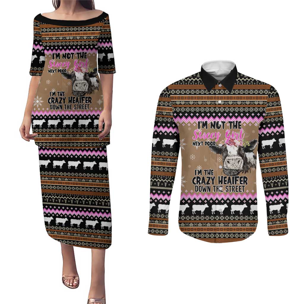 The Crazy Heifer Christmas Couples Matching Puletasi and Long Sleeve Button Shirt Xmas Holiday Patterns - Wonder Print Shop