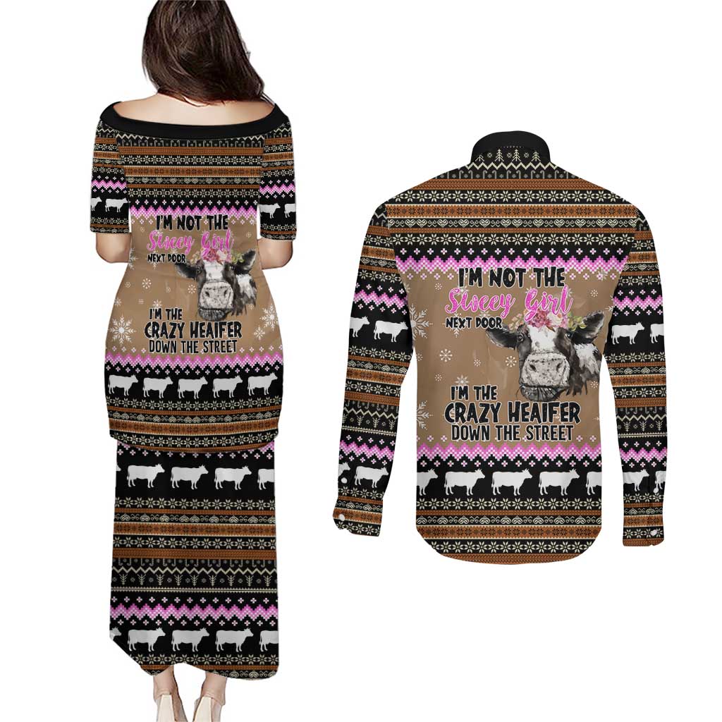The Crazy Heifer Christmas Couples Matching Puletasi and Long Sleeve Button Shirt Xmas Holiday Patterns - Wonder Print Shop