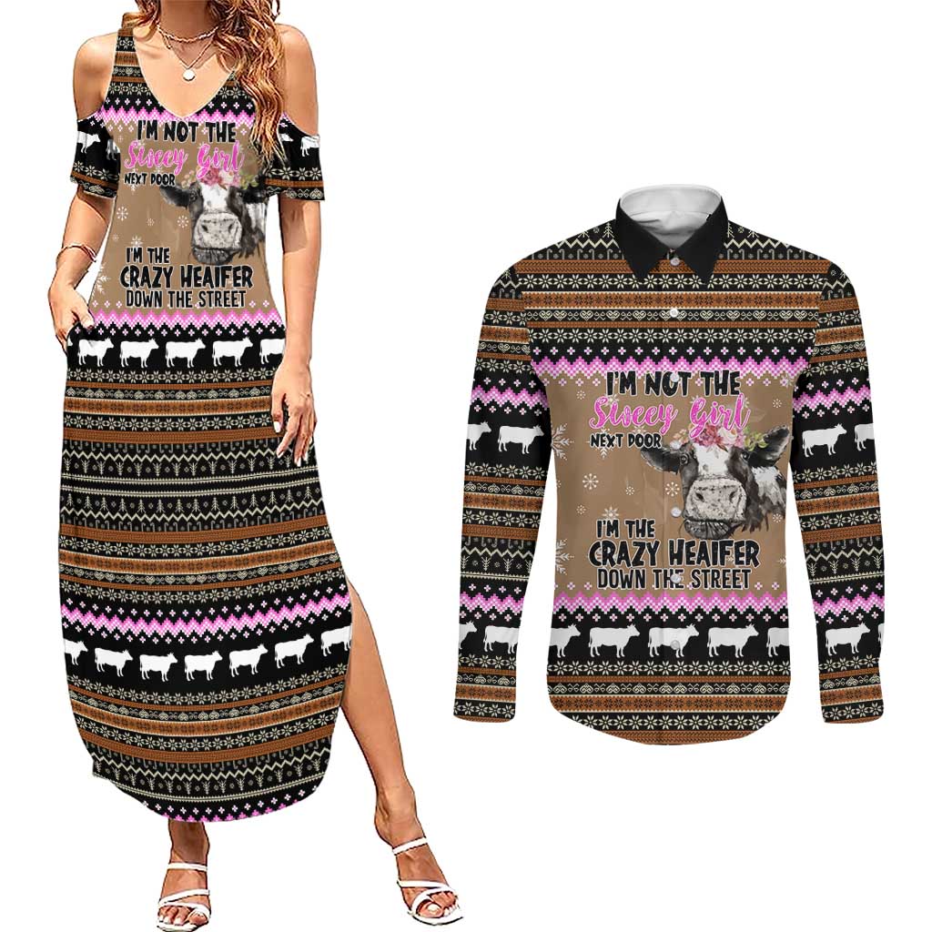 The Crazy Heifer Christmas Couples Matching Summer Maxi Dress and Long Sleeve Button Shirt Xmas Holiday Patterns - Wonder Print Shop