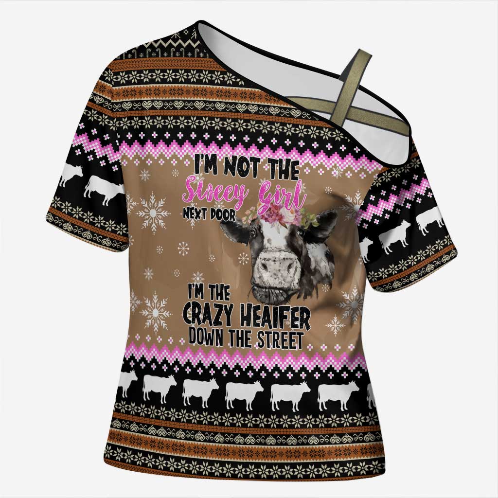 The Crazy Heifer Christmas Cross Shoulder Shirt Xmas Holiday Patterns - Wonder Print Shop