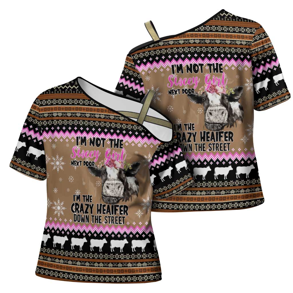 The Crazy Heifer Christmas Cross Shoulder Shirt Xmas Holiday Patterns - Wonder Print Shop