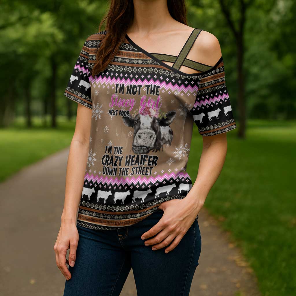 The Crazy Heifer Christmas Cross Shoulder Shirt Xmas Holiday Patterns - Wonder Print Shop