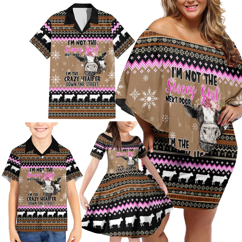 The Crazy Heifer Christmas Family Matching Off Shoulder Short Dress and Hawaiian Shirt Xmas Holiday Patterns - Wonder Print Shop