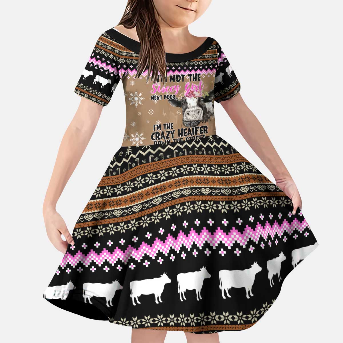 The Crazy Heifer Christmas Kid Short Sleeve Dress Xmas Holiday Patterns - Wonder Print Shop