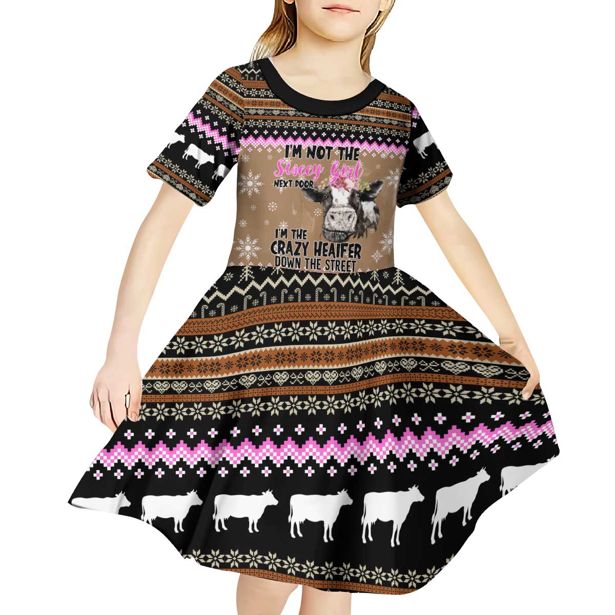 The Crazy Heifer Christmas Kid Short Sleeve Dress Xmas Holiday Patterns - Wonder Print Shop
