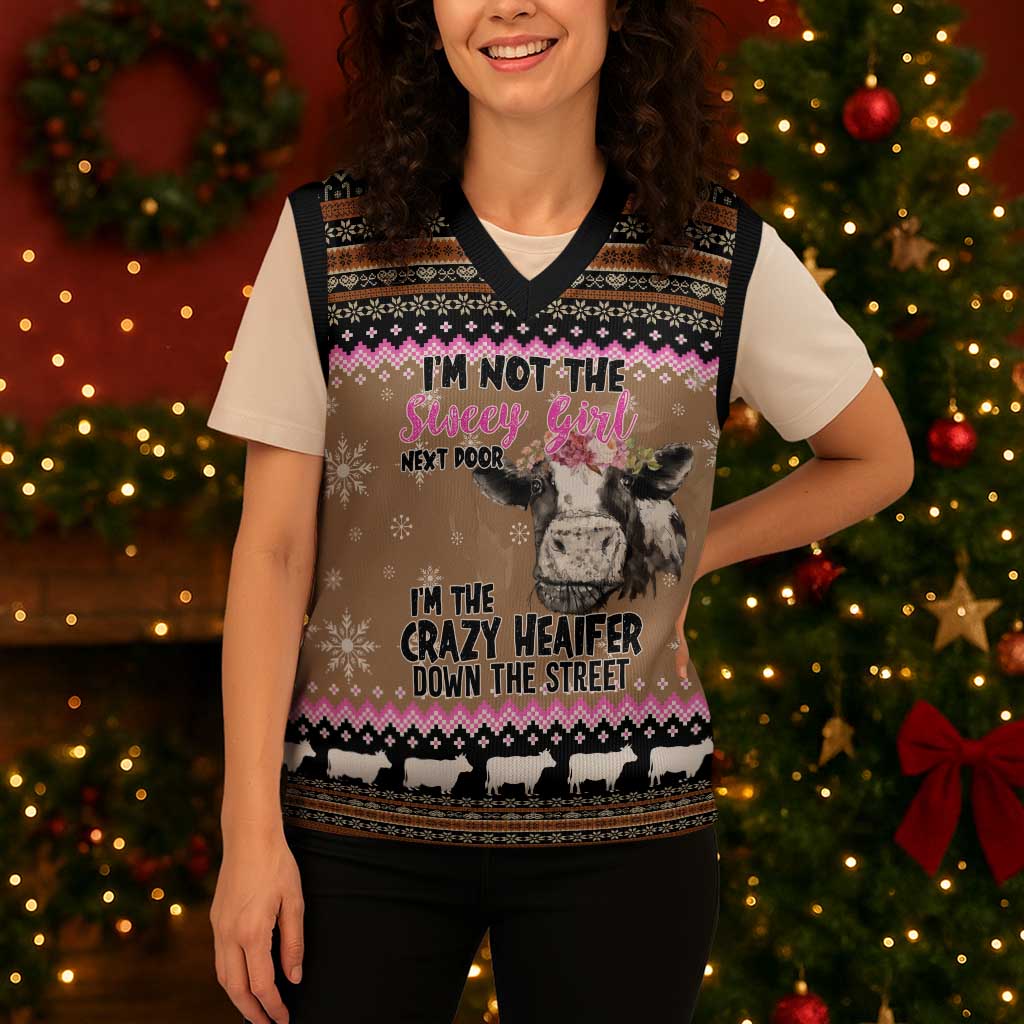 The Crazy Heifer Christmas Knitted V-Neck Vest Xmas Holiday Patterns - Wonder Print Shop