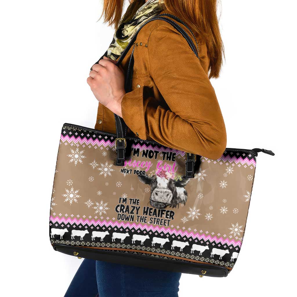 The Crazy Heifer Christmas Leather Tote Bag Xmas Holiday Patterns - Wonder Print Shop