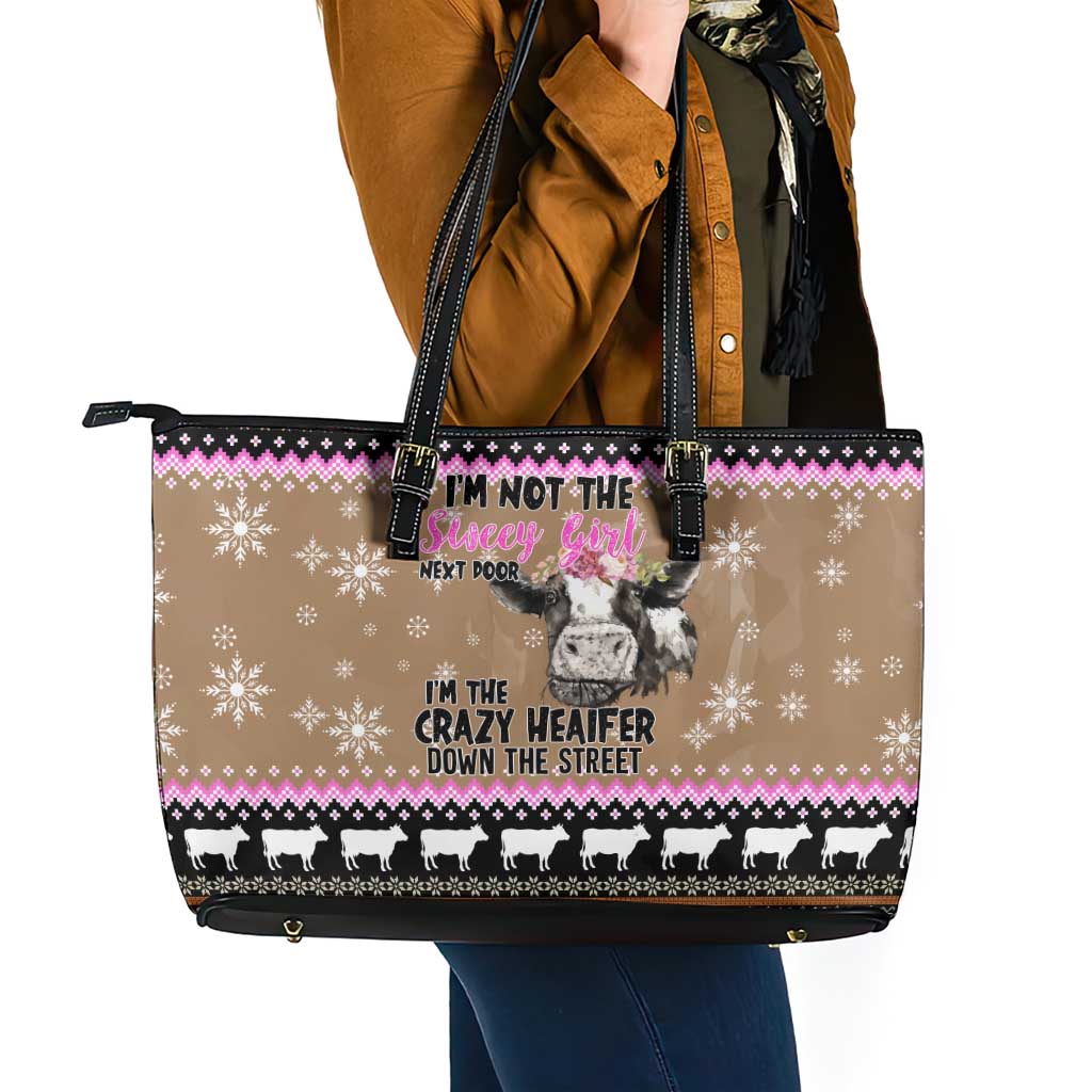The Crazy Heifer Christmas Leather Tote Bag Xmas Holiday Patterns - Wonder Print Shop