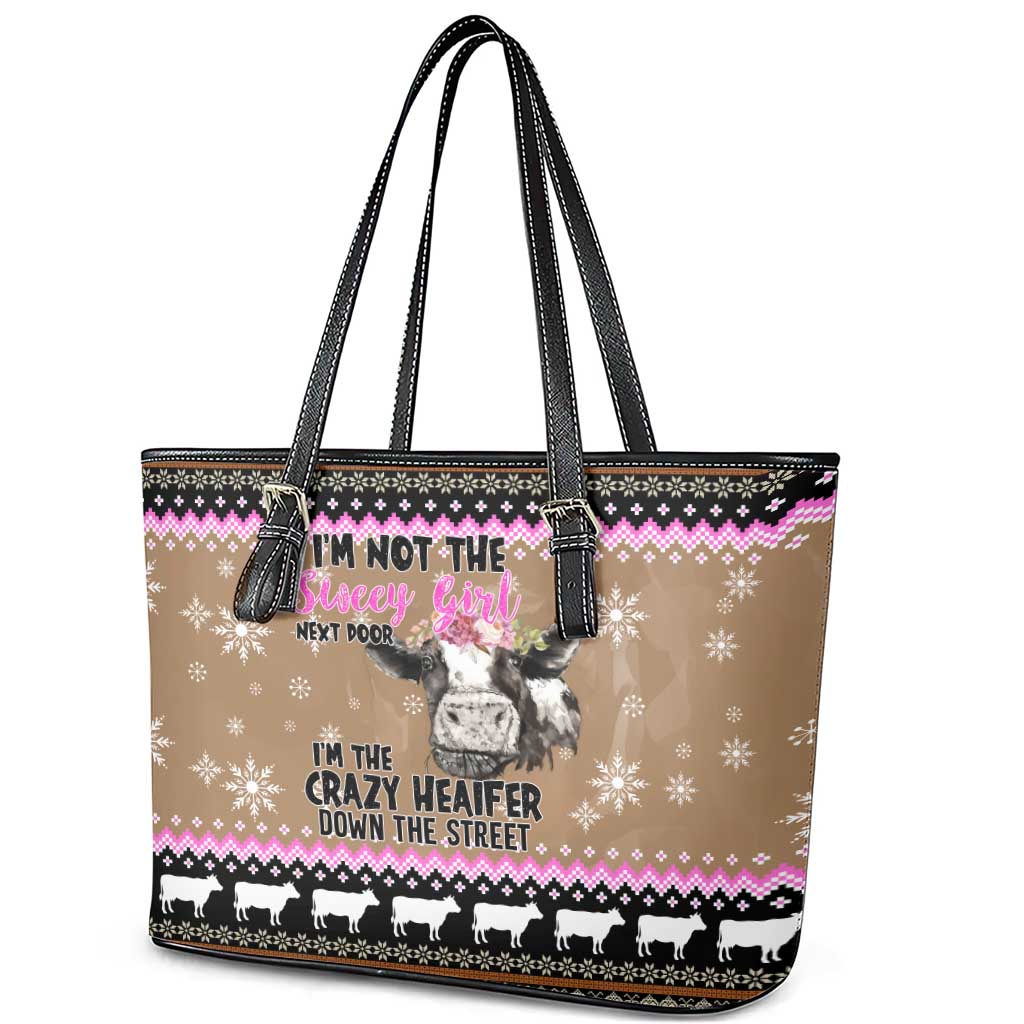 The Crazy Heifer Christmas Leather Tote Bag Xmas Holiday Patterns - Wonder Print Shop